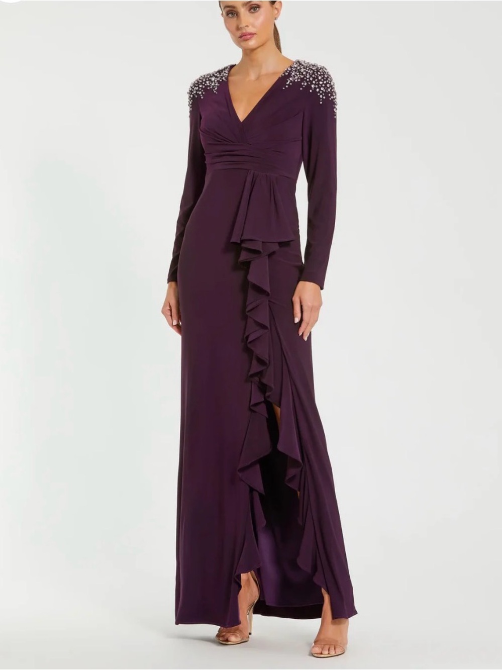 NWT Mac Duggal Purple Rhinestone Embellished Long Sleeve Ruffle Gown